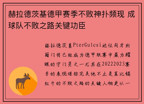赫拉德茨基德甲赛季不败神扑频现 成球队不败之路关键功臣 赫拉德茨基德甲赛季不败神扑频现 成球队不败之路关键功臣